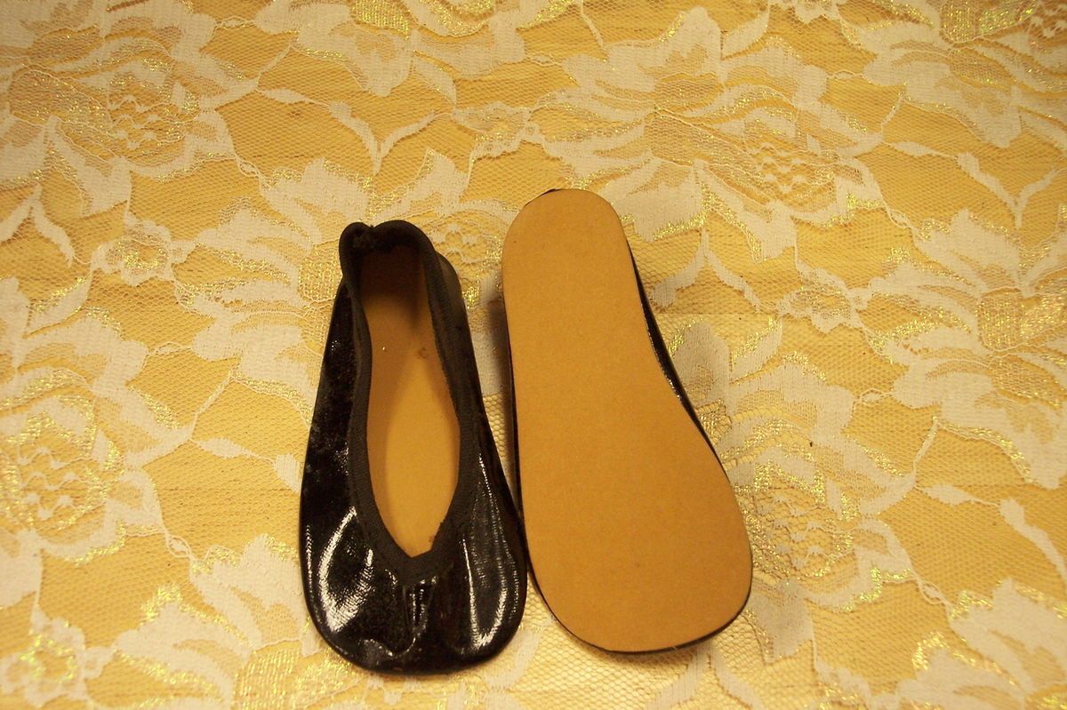 POLLY ANN VINTAGE DOLL SHOES OILCLOTH BLACK PATENT LEATHER LOOK