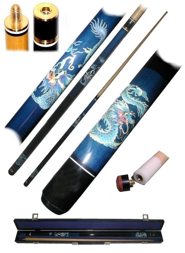  hardwood billiard cue with carrying case blue dragon design high