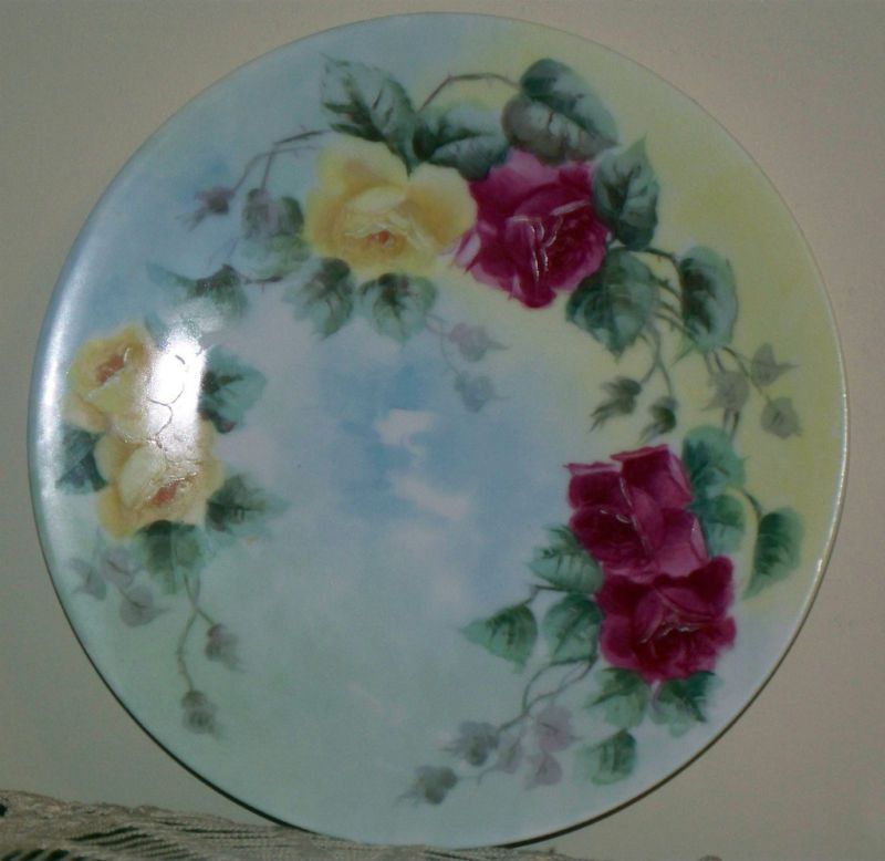 Antique T V Limoges France 81 2 Hand Painted Pink Yellow Roses Plate