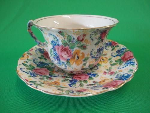 JAMES KENT ROSALYNDA CHINTZ FLAT CUP SAUCER SET OLD BACKSTAMP