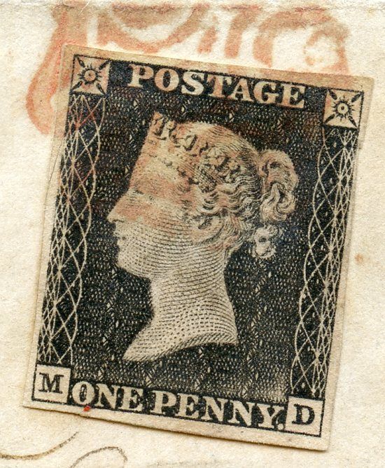  1d black Plate 1a MD on cover to Falmouth red MX PLYMOUTH PENNY POST