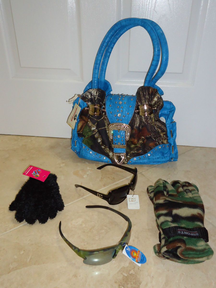 NEW LICENSED Mossy Oak CAMO Purse BLUE Silver Buckle DG Sunglasses fur