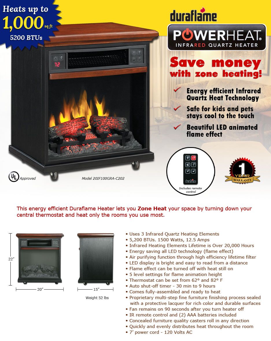 DURAFLAME Powerheat Electric Fireplace Infrared Quartz Heater