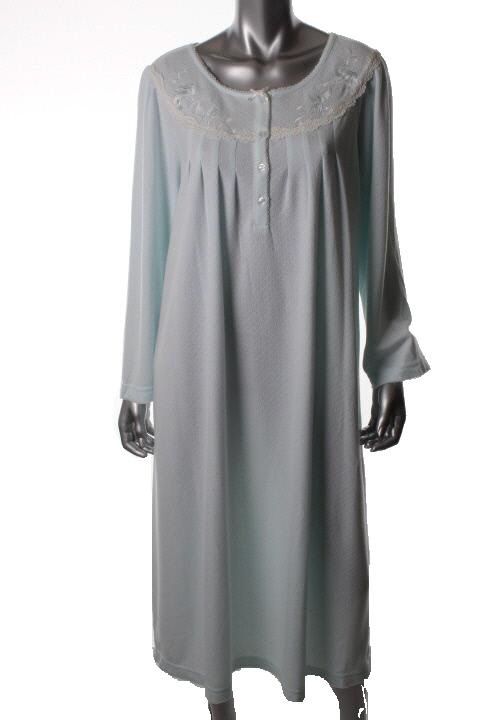 Miss Elaine New Blue Honeycomb Long Sleeves Lace Trim Nightgown