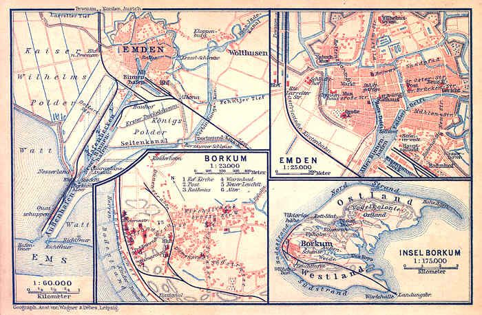 Germany Emden Insel Borkum Old Antique Town Map 1904