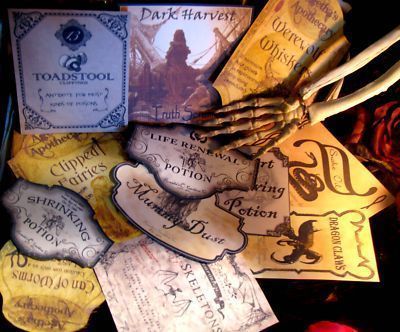 12 Halloween Potion Bottle Labels Party Prop set 3 Witchs Cupboard Eek