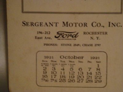 Vintage Ford Advertising 1921 Calender Rochester NY