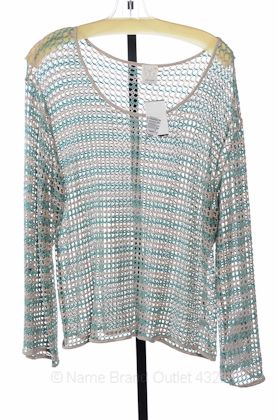 NWD Ella Moss L LS Tan Green Scoopneck Net Mesh Stripes Sweater $128