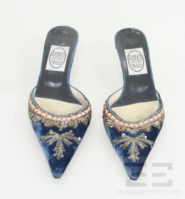 Emma Hopes Shoes Blue Velvet Silver Pink Embroidered Slide Heels Size