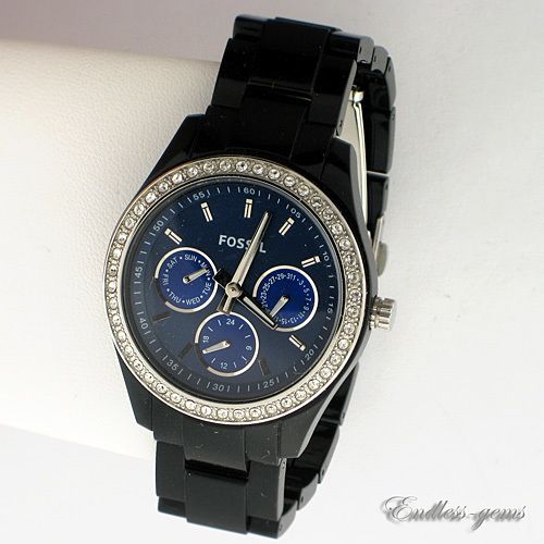 FOSSIL LADIES WATCH STELLA ES2827 BLACK BLUE PLASTIC CRYSTAL DAY DATE