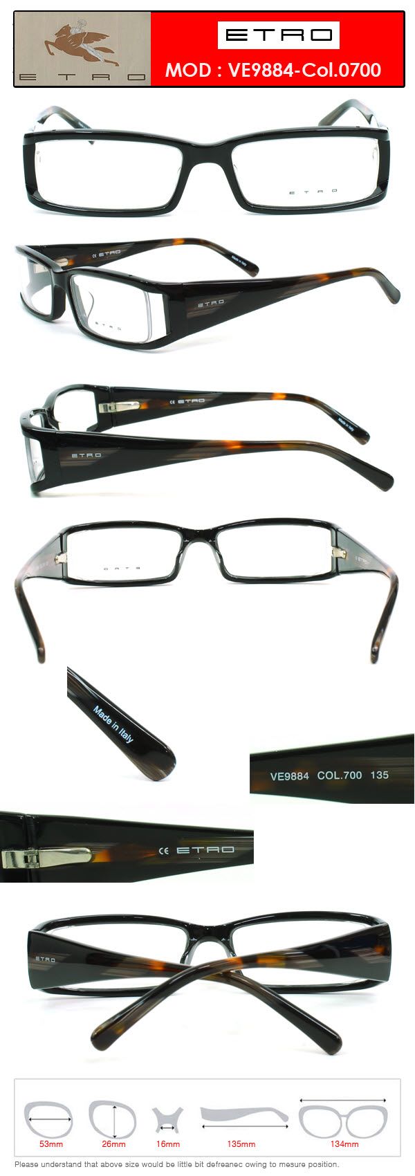 EyezoneCo ETRO Eyeglasses VE9884C Col 0700 Fullrim Black Multi Colors