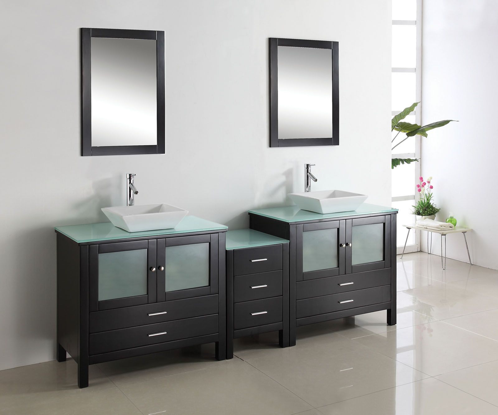  Modern Double Sink Bathroom Vanity Cabinet w Mirrors & Free Faucets