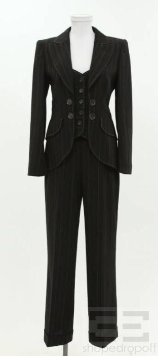 Escada 2pc Black Pinstripe Wool Jacket & Pants Suit Size 36/38