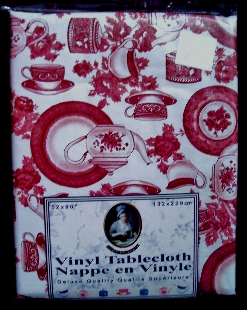 TABLECLOTH VINYL FINE CHINA PATTERN RECTANGLE 52x90 BURGUNDY WHITE