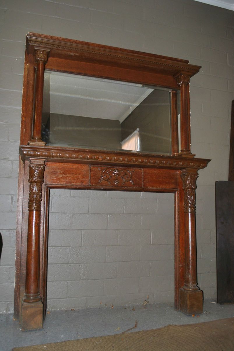 Antique Oak Fireplace Mantel with Mirror