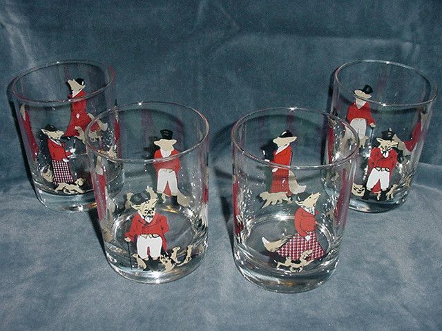 RARE Set of 4 Cera Mid Century Barware Tumbler Glasses Fox in Tux