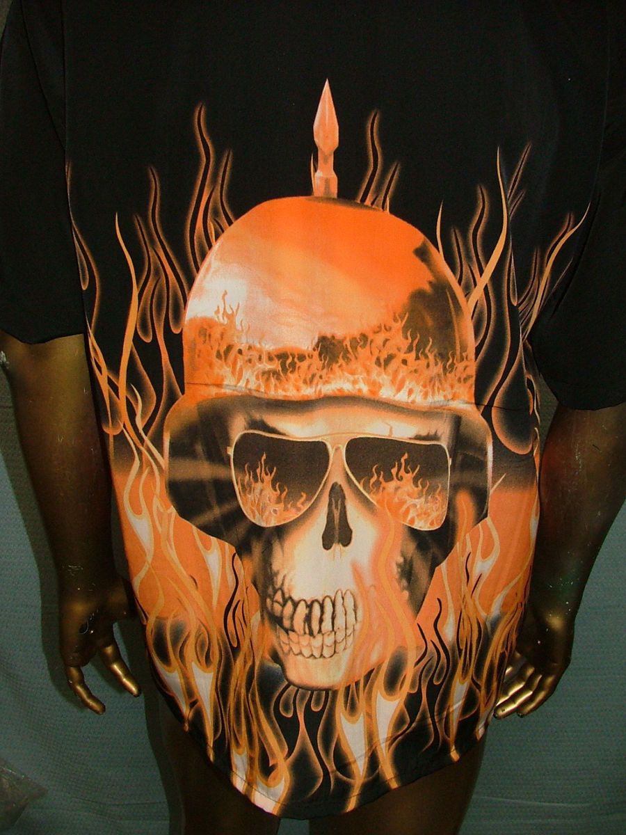  HOUSE by DRAGONFLY Blk SKULL FLAMES CHOPPER BIKER BOWLING SHIRT MENS L