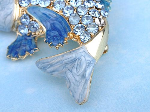 Enamel Golden Carp Fish Brooch Pin Aqua Blue Rhinestone