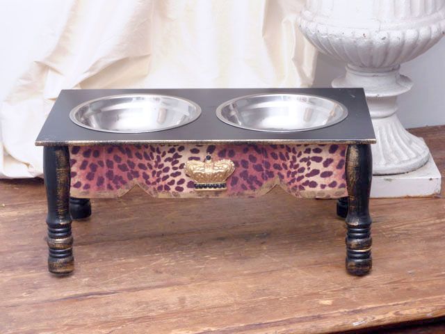 Shabby Cottage Chic 7 Raised Leopard Cat Dog Feeder