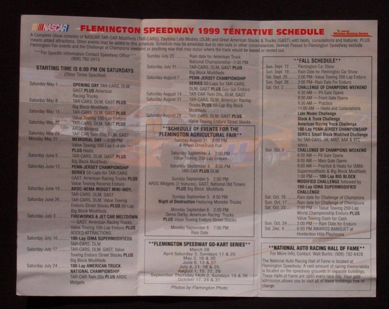 1999 Schedule Flemington Speedway Folder Flemington NJ