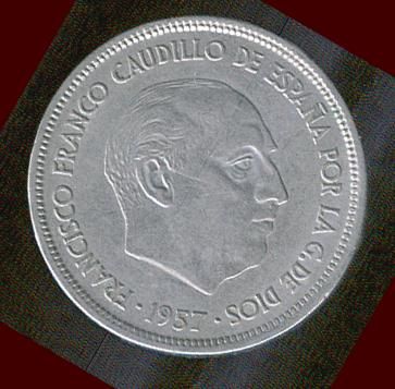 1957 Spain   25 Ptas Coin   Francisco Franco Gaudillo de Espana