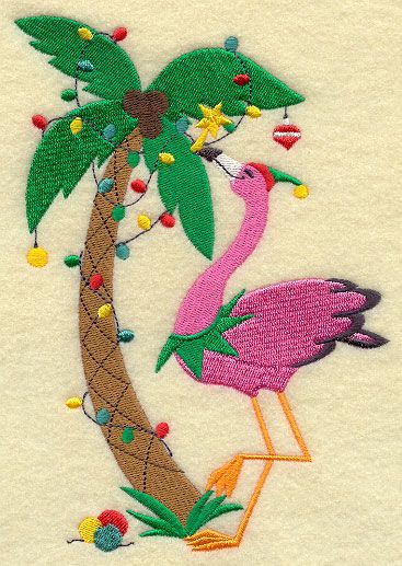 Christmas Palm Tree Flamingo Bird 2 Embroidered Hand Towels by Susan