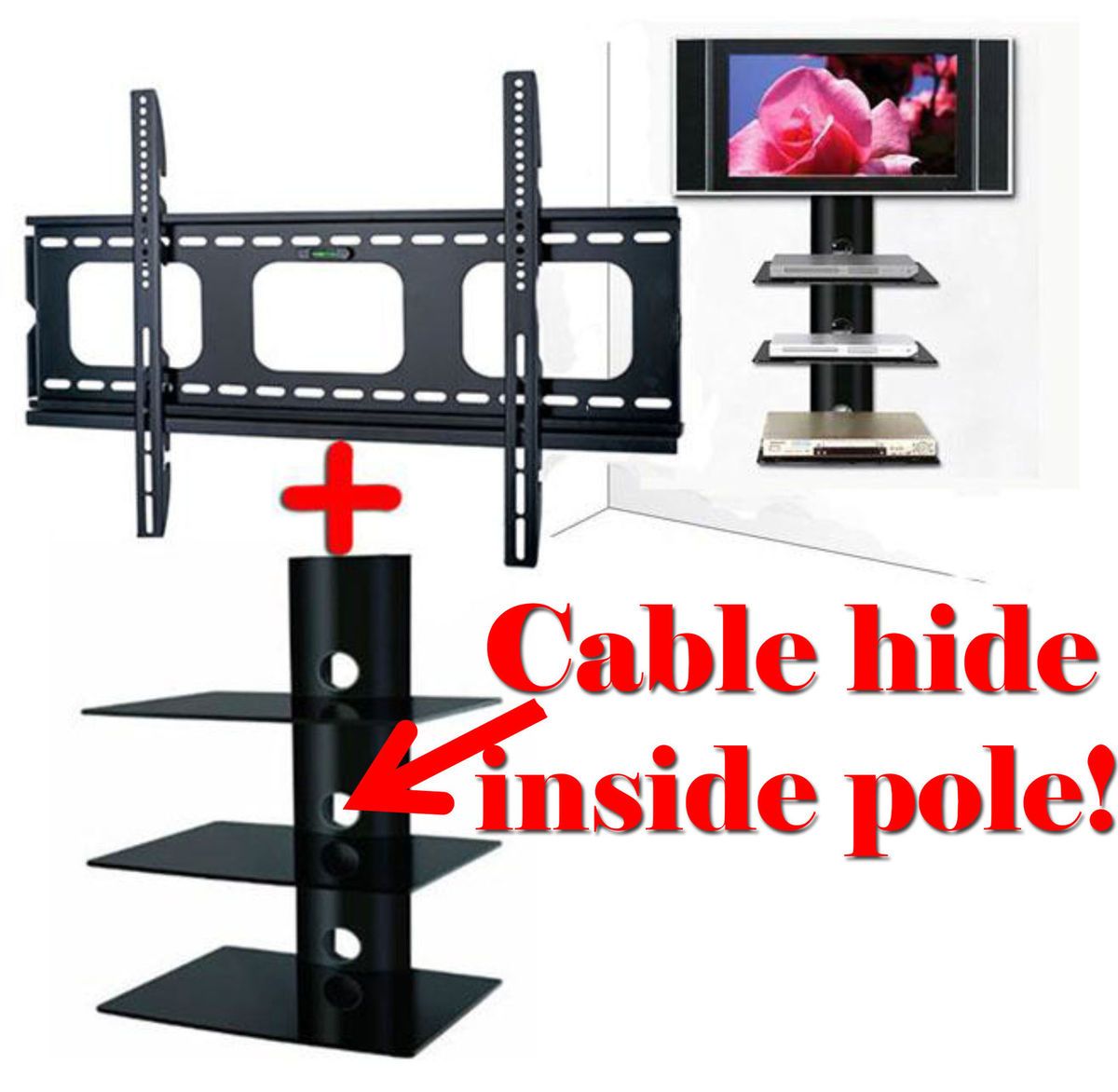 SLIM FLAT TV WALL MOUNT 3 Shelf Glass for HD DVD Audio System Console