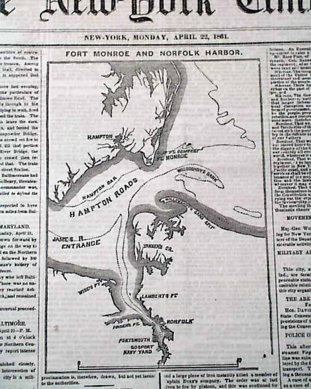  MAP Near Beginning FORTRESS MONROE Norfolk & Hampton VA 1861 Newspaper