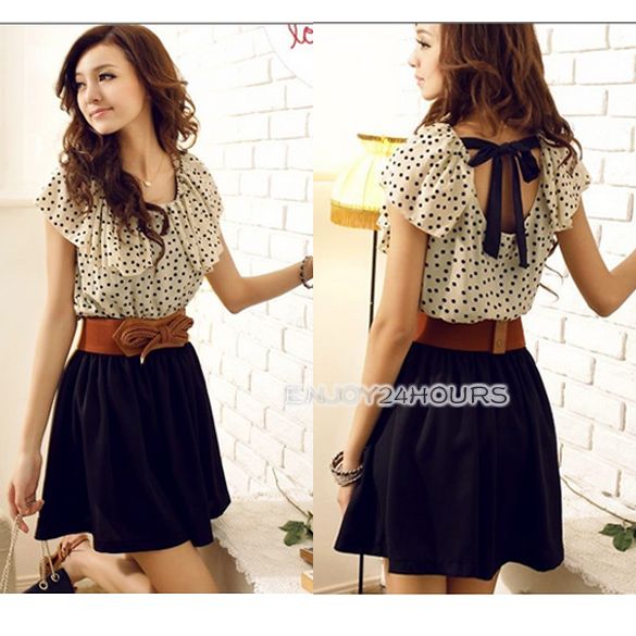 Korean Women Summer New Fashion Short Sleeve Dots Polka Waist Dress