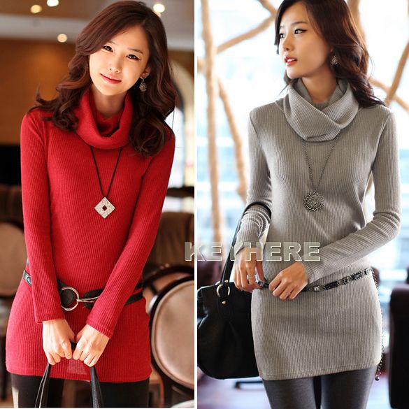 K0E1 Beautiful Women High Neck Double Collar Knitting Bottoming Mini