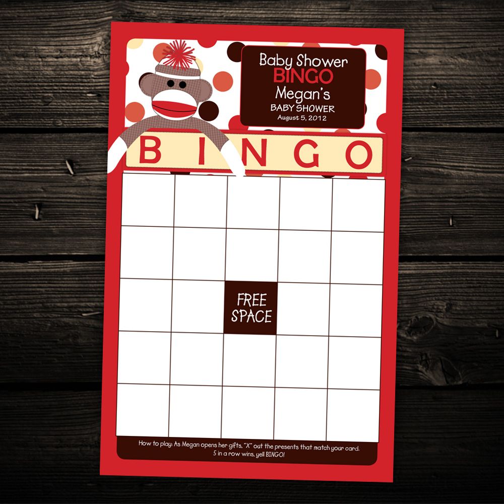 Cute Sock Monkey Baby Shower Bingo Cards Game Activity Any Color