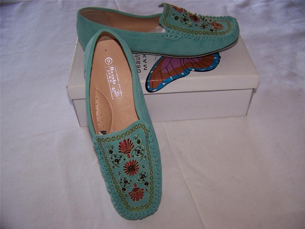 Womens Flats Decor Beads Shoes by Beauty Max Turquoise