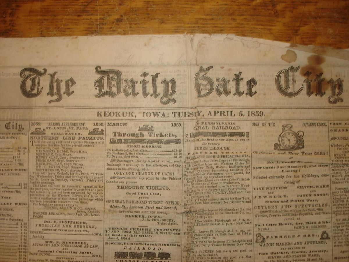 RARE Keokuk Iowa Newspaper C1859  The Daily Gate City 