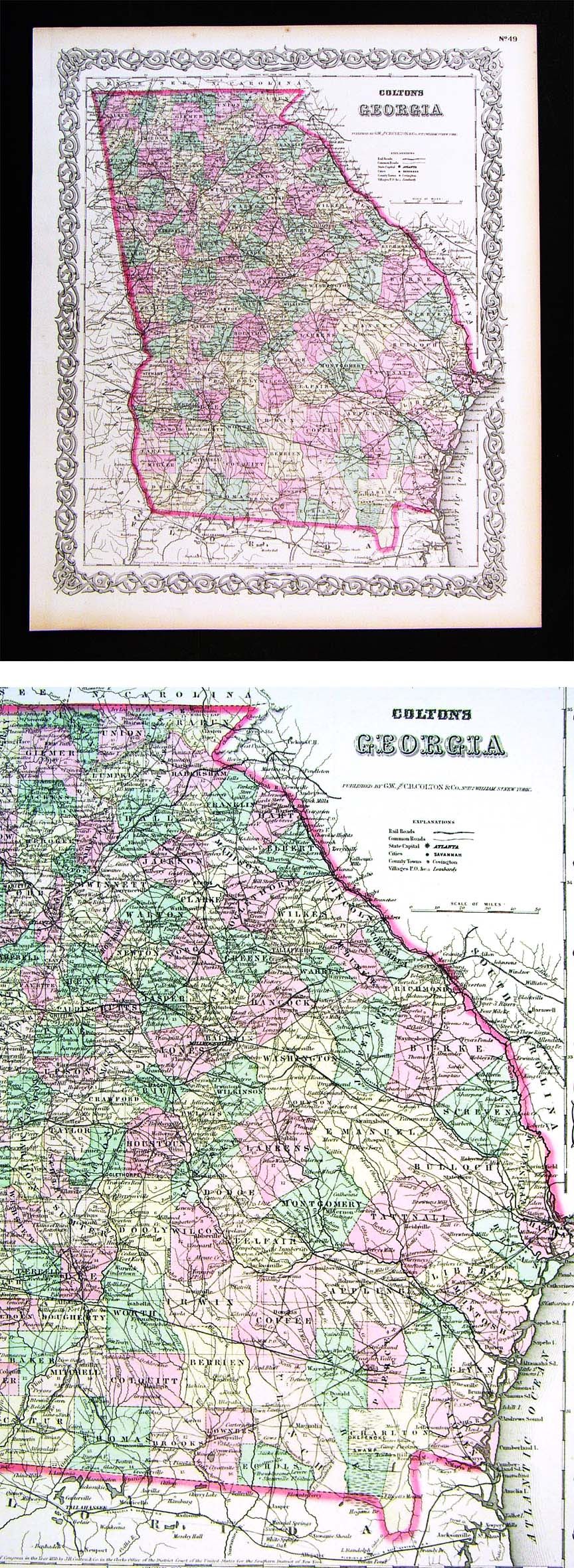 1874 Colton Map Georgia Atlanta Athens Rome Macon Savannah