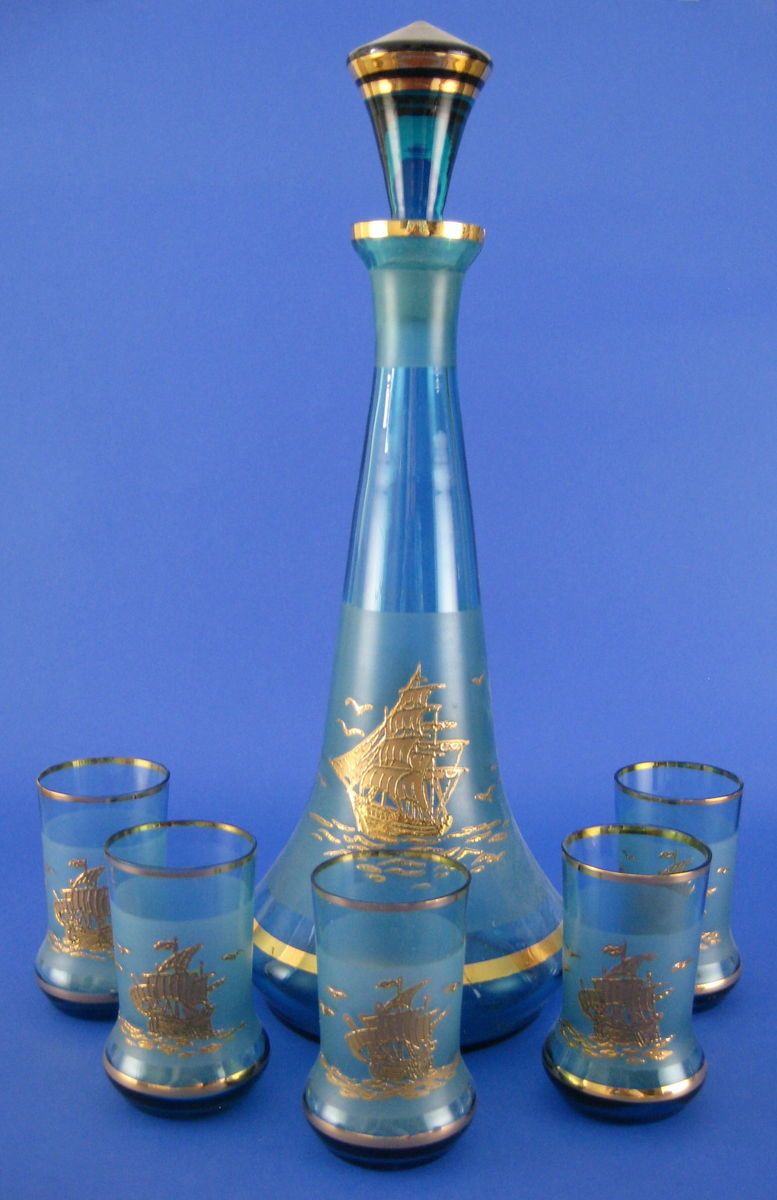 Blue Glass Decanter Set 5 Glasses Frosted Gold SHIP Schooner