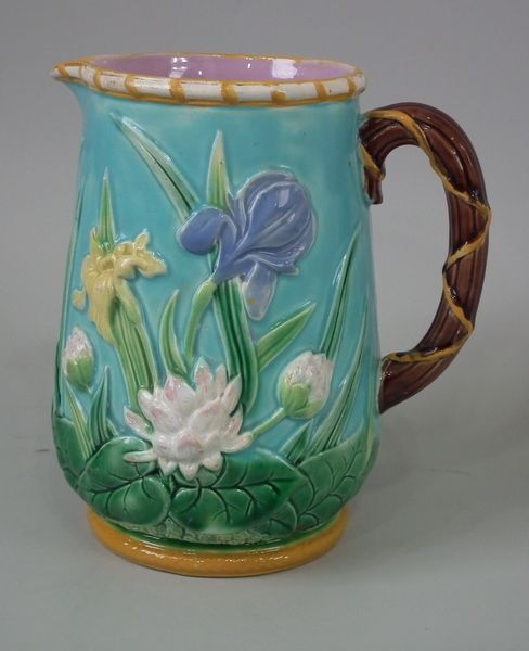 George Jones Majolica Water Lily and Iris Pitcher