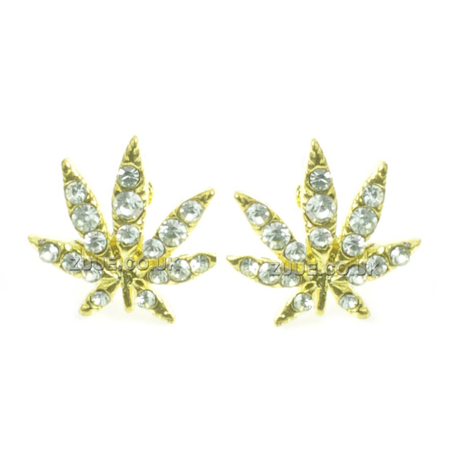 Gold and Silver Cannabis Earrings Ear Studs Diamante Detail Weed Pot