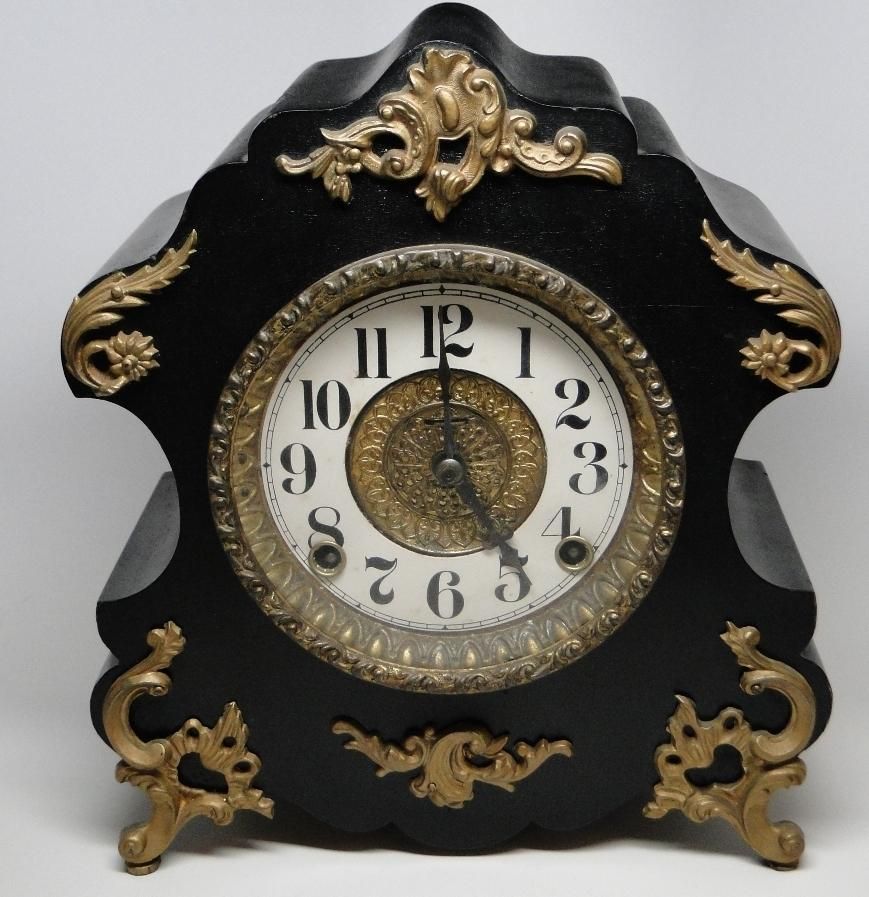  Black Gold Wood Metal Mantle Clock Gilbert Ansonia Seth Thomas