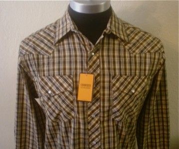 NWT Brown/Gold Long Sleeve Plaid Pearl Snap Rockabilly Cowboy Western