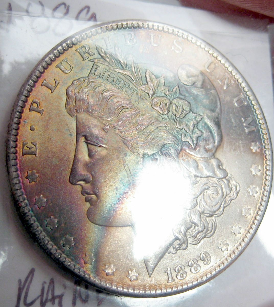 1889 RAINBOW TONED MORGAN SILVER DOLLAR COLORFUL OBVERSE CRESCENT