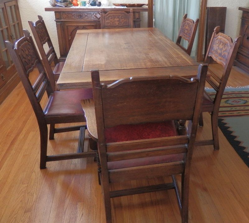 Antique 1930s Solid Mahogany Wood Dining Room Set Hutch Buffet Table 6