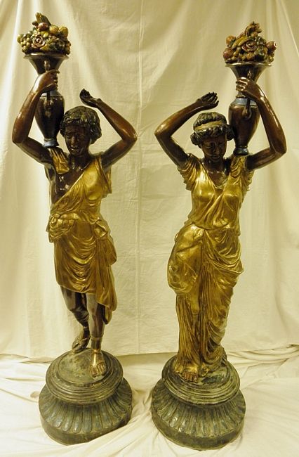 Exquisite Vintage 60 Bronze Greco Roman Man and Woman Garden Statues