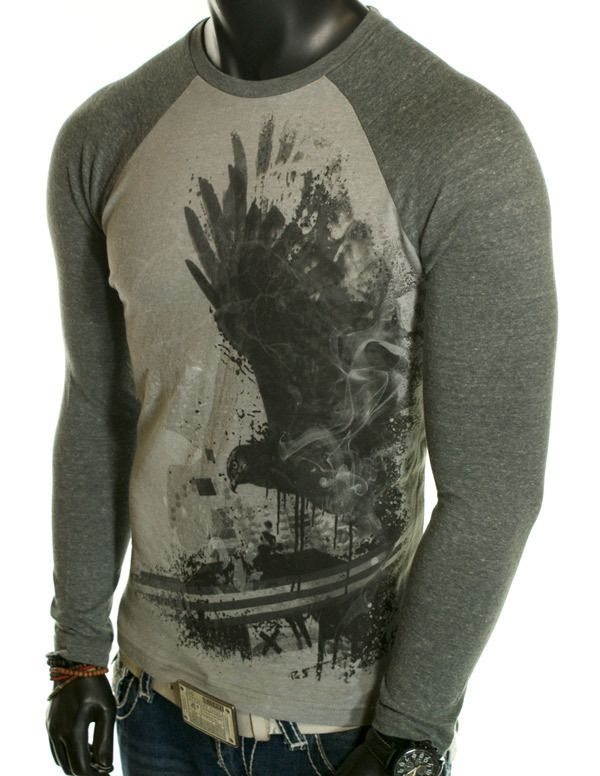 NEW MENS TONY HAWK SKATE EAGLE AMERICAN BASIC LONG SLEEVE GRAY CASUAL