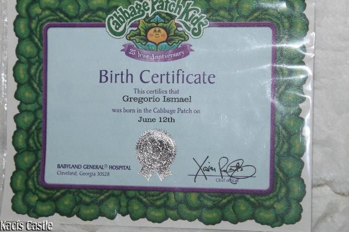 Cabbage Patch Kids PA Boy Birth Certificate Gregorio