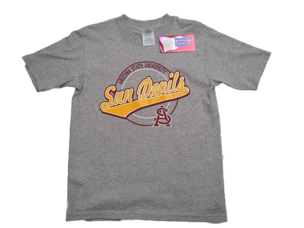 ARIZONA STATE SUN DEVILS YOUTH GREY FRONT AND BACK LOGO T SHIRT NEW