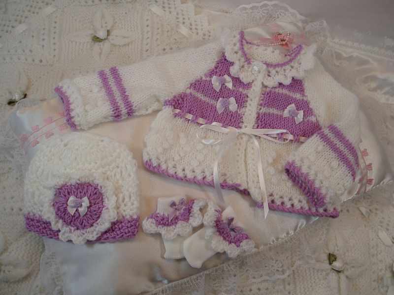 HANNAHS BOUTIQUE OOAK 3PC HAND KNITTED SET FOR NEWBORN BABY REBORN