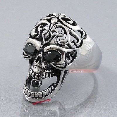 Mens Boys Cool JET BLACK Skull 316L Stainless Steel Biker Ring us 8