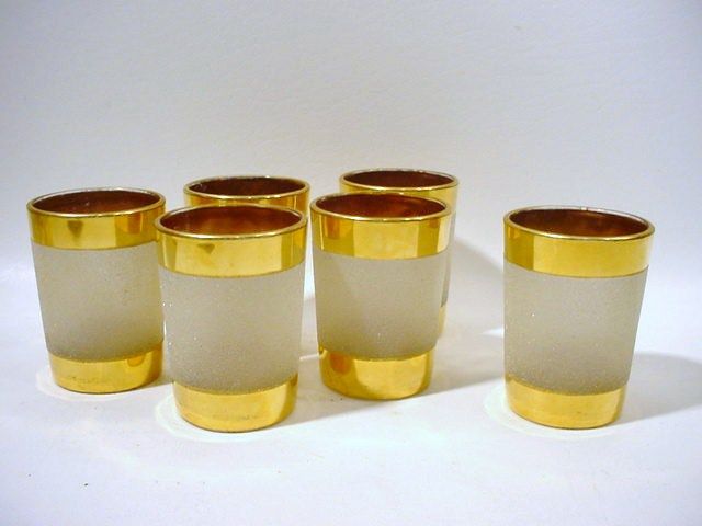  Barware Libbey Frosted Mist Gold Bands 6 Rocks Juice Glasses