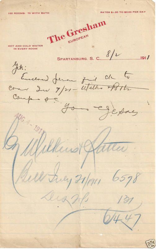 1911 The Gresham Hotel Spartanburg s C Letter