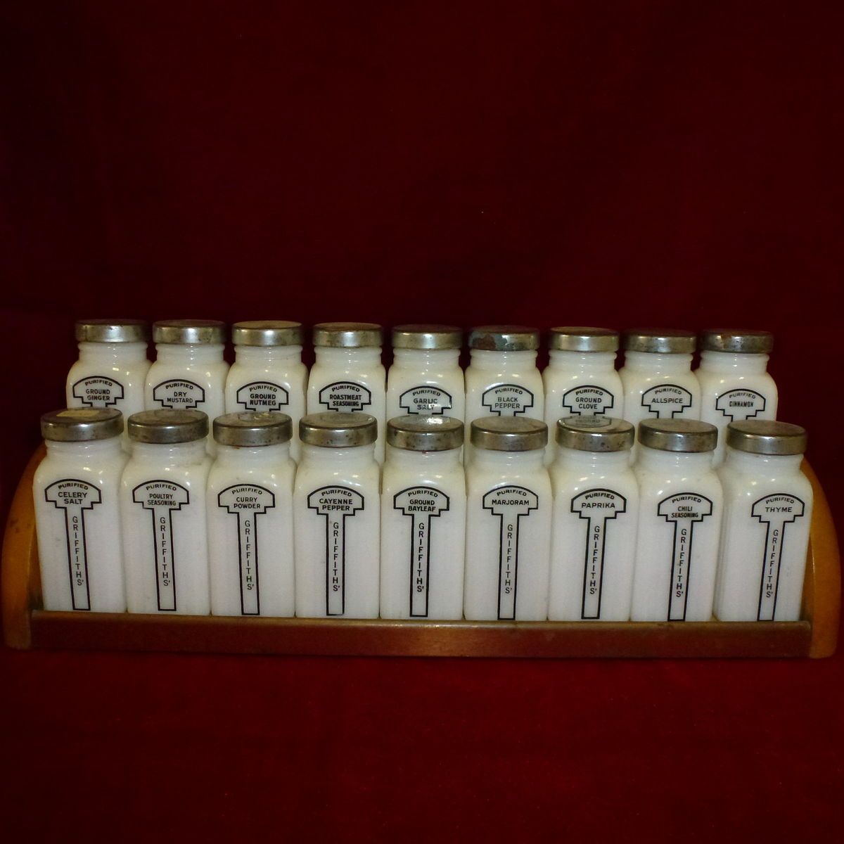 Vintage 1939 18 Griffiths Spice Jars with Rack